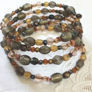 Memory Wire Beaded Wrap Bracelet Champagne Gray White Stone Fashion Boho